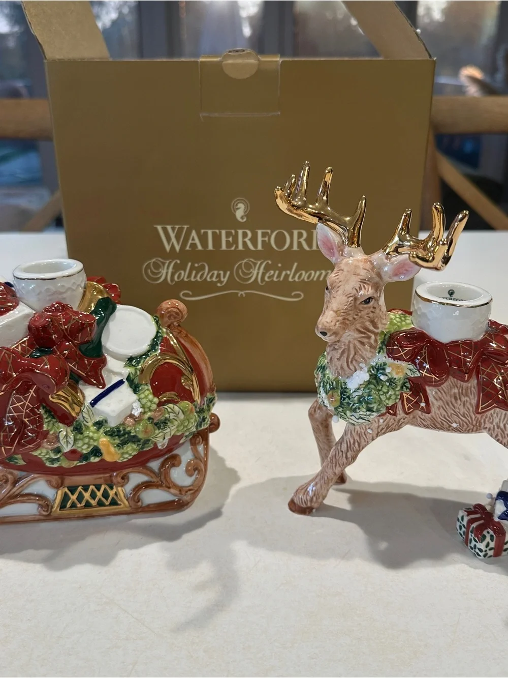 Waterford Holiday Heirloom Red, Gold & Green Reindeer Candle Holders
